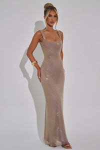 Shiney Suspenders Sequin Square Neck A-line Long Dress