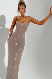 Shiney Suspenders Sequin Square Neck A-line Long Dress