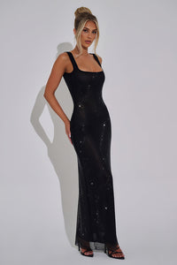 Shiney Suspenders Sequin Square Neck A-line Long Dress